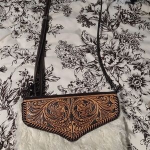 Leather Tooled Brown and Cream Crossbody Bag